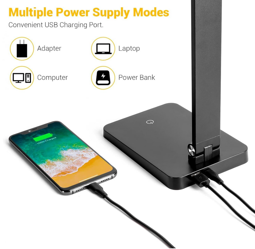 LED Desk Lamp for Home Office, 3 Levels Dimmable Desk Light with USB Charging Port, Small Study Lamp, Reading Light for Table, Black, 5000K | 3 Levels Dimmable, with USB Charging Port, for Home Office, Reading Light, Small Study Lamp, 5000K, for Table - LeafyLoom