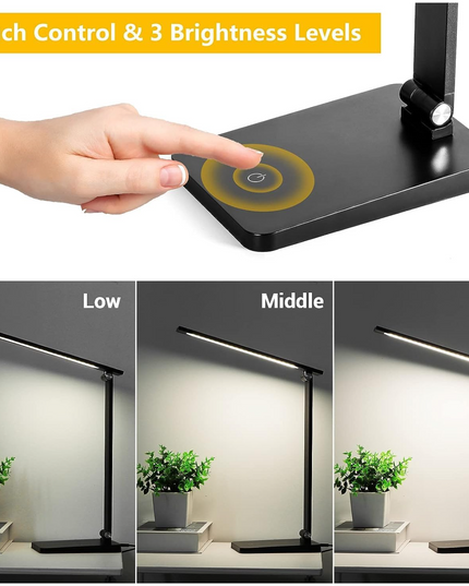 LED Desk Lamp for Home Office, 3 Levels Dimmable Desk Light with USB Charging Port, Small Study Lamp, Reading Light for Table, Black, 5000K | 3 Levels Dimmable, with USB Charging Port, for Home Office, Reading Light, Small Study Lamp, 5000K, for Table - LeafyLoom