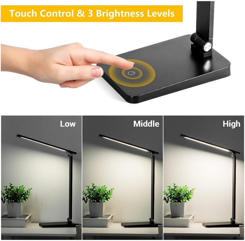LED Desk Lamp for Home Office, 3 Levels Dimmable Desk Light with USB Charging Port, Small Study Lamp, Reading Light for Table, Black, 5000K | 3 Levels Dimmable, with USB Charging Port, for Home Office, Reading Light, Small Study Lamp, 5000K, for Table - LeafyLoom