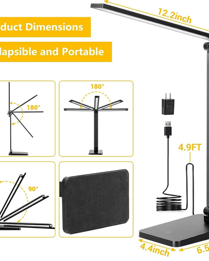 LED Desk Lamp for Home Office, 3 Levels Dimmable Desk Light with USB Charging Port, Small Study Lamp, Reading Light for Table, Black, 5000K | 3 Levels Dimmable, with USB Charging Port, for Home Office, Reading Light, Small Study Lamp, 5000K, for Table - LeafyLoom