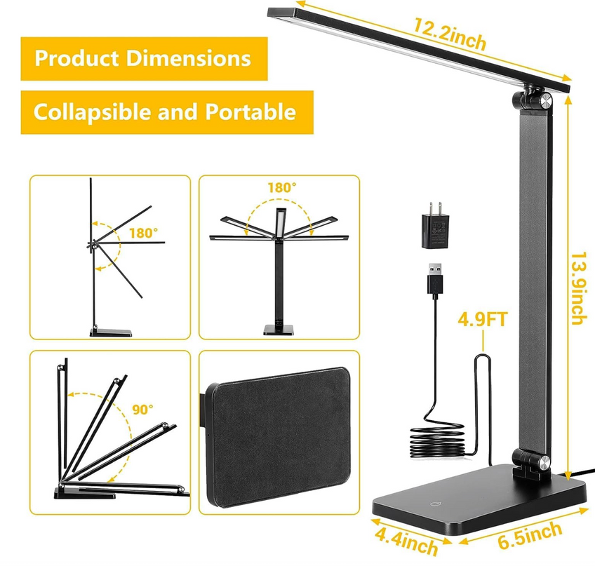 LED Desk Lamp for Home Office, 3 Levels Dimmable Desk Light with USB Charging Port, Small Study Lamp, Reading Light for Table, Black, 5000K | 3 Levels Dimmable, with USB Charging Port, for Home Office, Reading Light, Small Study Lamp, 5000K, for Table - LeafyLoom