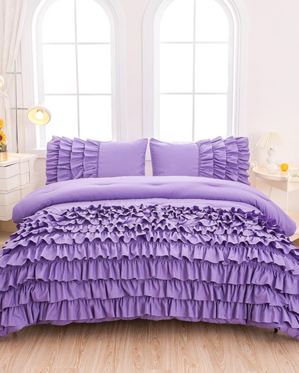 Purple Twin Comforter Set, Lavender Princess Twin Comforter for Girls, 3 Pieces Vintage Rustic Purple Bedding Set for Girls Kids (1 Ruffle Comforter and 2 Pillowcases)