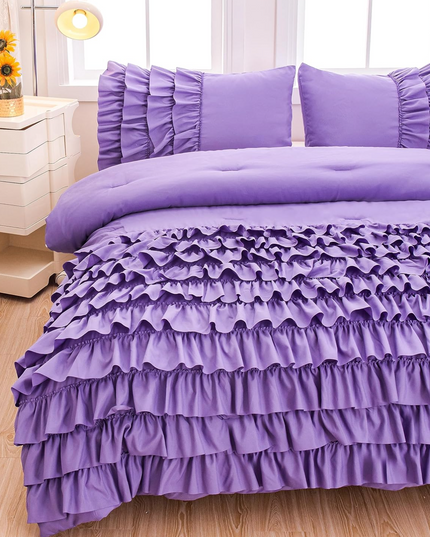 Purple Twin Comforter Set, Lavender Princess Twin Comforter for Girls, 3 Pieces Vintage Rustic Purple Bedding Set for Girls Kids (1 Ruffle Comforter and 2 Pillowcases)
