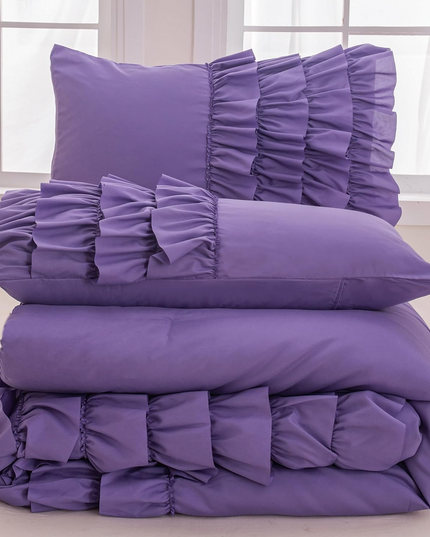 Purple Twin Comforter Set, Lavender Princess Twin Comforter for Girls, 3 Pieces Vintage Rustic Purple Bedding Set for Girls Kids (1 Ruffle Comforter and 2 Pillowcases)