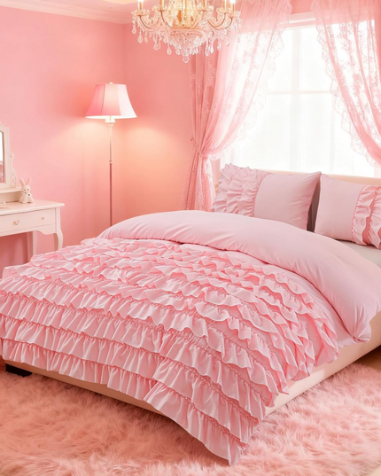 Holawakaka Pink Waterfall Ruffle Comforter Set Queen Size Multi-Layers Ruffled Shabby Chic 3PCS Bedding Set for Girls Women