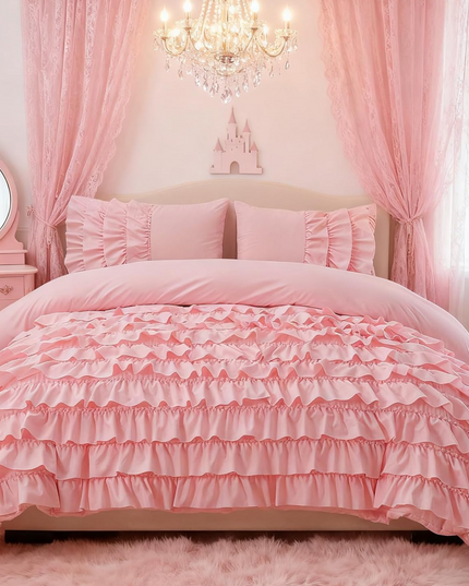 Holawakaka Pink Waterfall Ruffle Comforter Set Queen Size Multi-Layers Ruffled Shabby Chic 3PCS Bedding Set for Girls Women