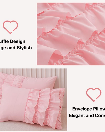 Holawakaka Pink Waterfall Ruffle Comforter Set Queen Size Multi-Layers Ruffled Shabby Chic 3PCS Bedding Set for Girls Women