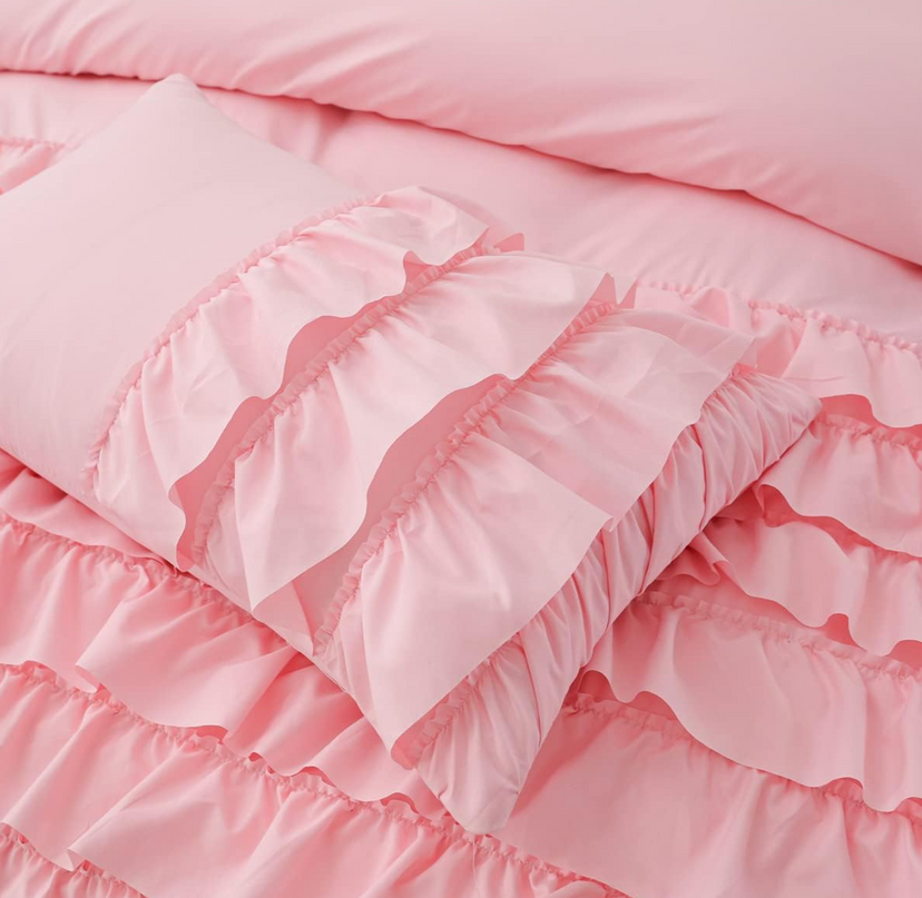 Holawakaka Pink Waterfall Ruffle Comforter Set Full Size Multi-Layers Ruffled Shabby Chic 3PCS Bedding Set for Girls Women