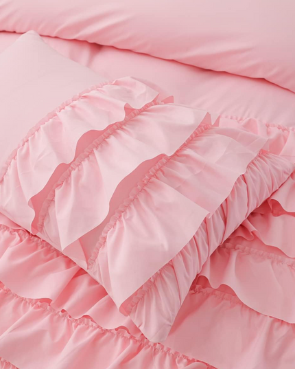 Holawakaka Pink Waterfall Ruffle Comforter Set Queen Size Multi-Layers Ruffled Shabby Chic 3PCS Bedding Set for Girls Women