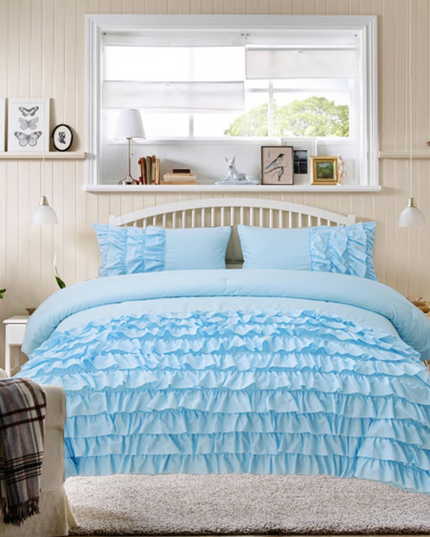 Holawakaka Light Blue Waterfall Ruffle Comforter Set Queen Size Multi-Layers Ruffled Shabby Chic 3PCS Bedding Set for Girls Women, Light Blue Queen