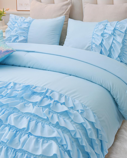 Holawakaka Light Blue Waterfall Ruffle Comforter Set Queen Size Multi-Layers Ruffled Shabby Chic 3PCS Bedding Set for Girls Women, Light Blue Queen