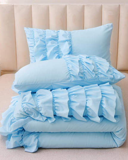 Holawakaka Light Blue Waterfall Ruffle Comforter Set Queen Size Multi-Layers Ruffled Shabby Chic 3PCS Bedding Set for Girls Women, Light Blue Queen