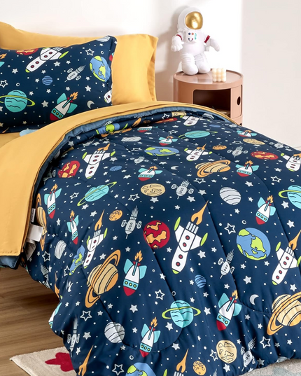 SLEEP ZONE Kids Bedding Comforter Set Full/Queen Size - Super Soft & Cute Printed 3-Piece Comforter Set All Seasons for Boys, Girls, Fade Resistant, Machine Washable, Rocket Galaxy SLEEPZONELIFE