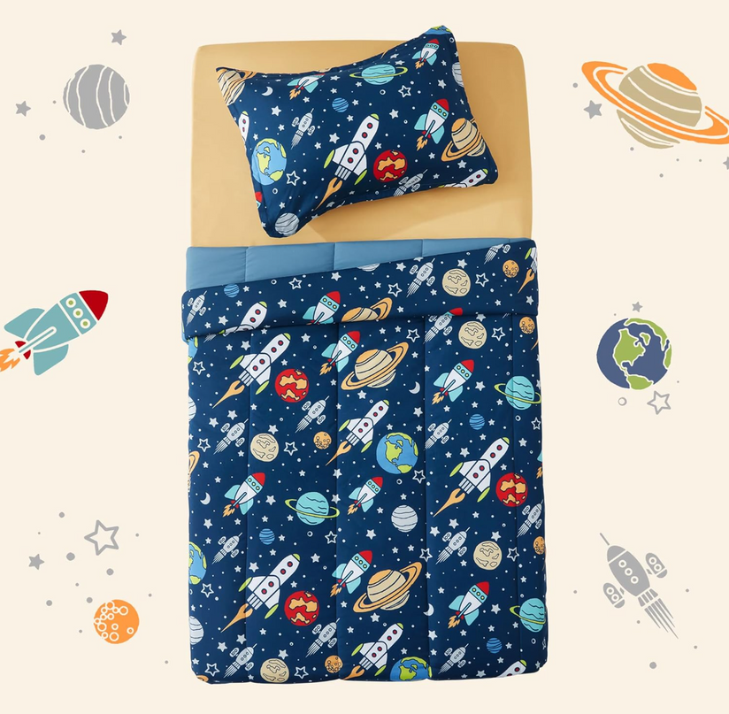 SLEEP ZONE Kids Bedding Comforter Set Full/Queen Size - Super Soft & Cute Printed 3-Piece Comforter Set All Seasons for Boys, Girls, Fade Resistant, Machine Washable, Rocket Galaxy SLEEPZONELIFE