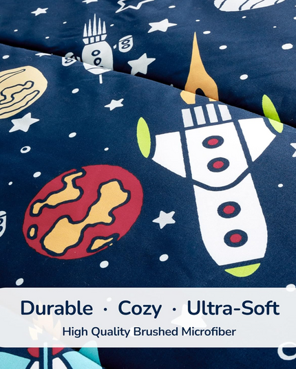 SLEEP ZONE Kids Bedding Comforter Set Full/Queen Size - Super Soft & Cute Printed 3-Piece Comforter Set All Seasons for Boys, Girls, Fade Resistant, Machine Washable, Rocket Galaxy SLEEPZONELIFE