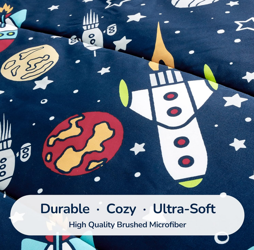 SLEEP ZONE Kids Bedding Comforter Set Full/Queen Size - Super Soft & Cute Printed 3-Piece Comforter Set All Seasons for Boys, Girls, Fade Resistant, Machine Washable, Rocket Galaxy SLEEPZONELIFE