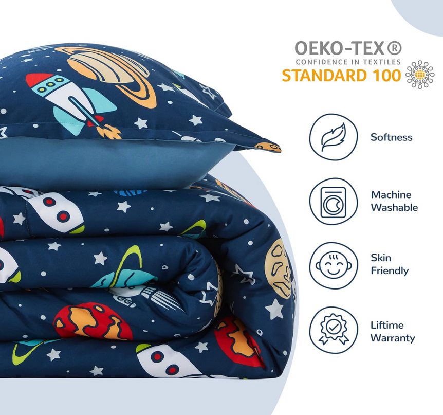 SLEEP ZONE Kids Bedding Comforter Set Full/Queen Size - Super Soft & Cute Printed 3-Piece Comforter Set All Seasons for Boys, Girls, Fade Resistant, Machine Washable, Rocket Galaxy SLEEPZONELIFE