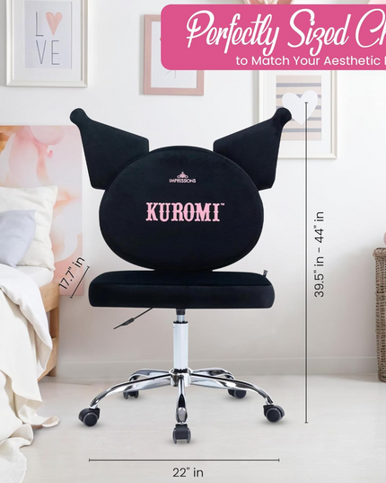Impressions Vanity Kuromi Armless Swivel Cute Desk Chair for Bedroom, Velvet Makeup Vanity Chair with Back, Rolling Wheels Silver Metallic Base and Adjustable Height (Black) LeafyLoom