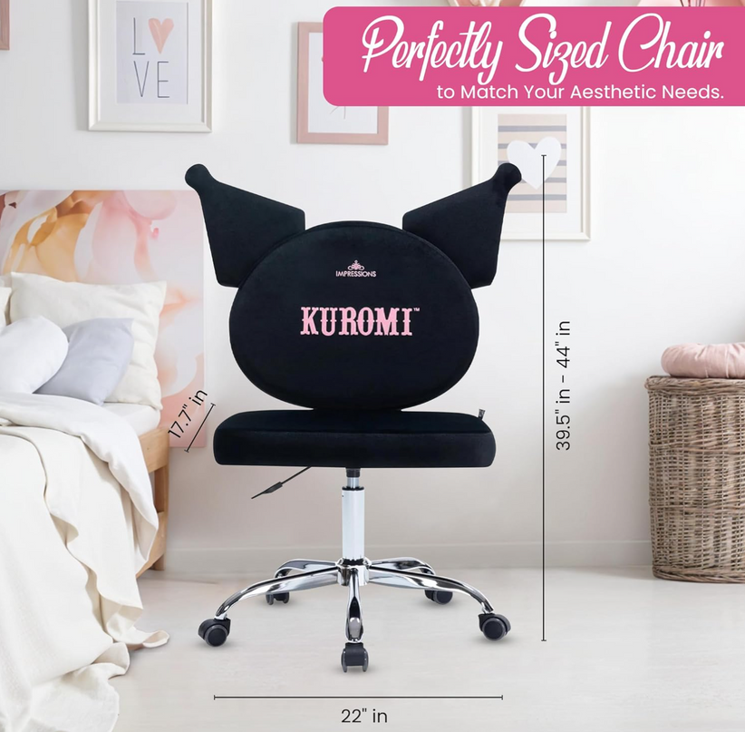 Impressions Vanity Kuromi Armless Swivel Cute Desk Chair for Bedroom, Velvet Makeup Vanity Chair with Back, Rolling Wheels Silver Metallic Base and Adjustable Height (Black) LeafyLoom