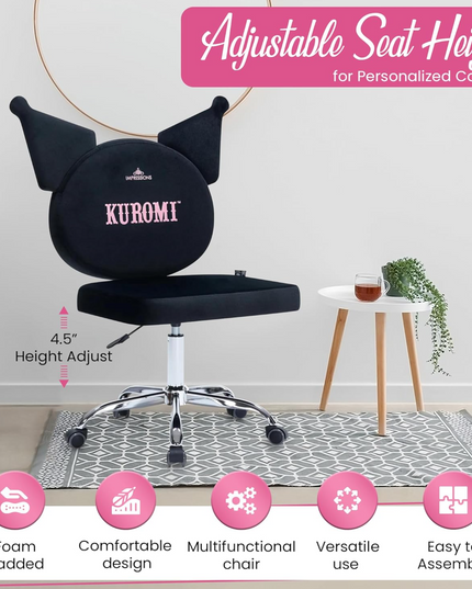 Impressions Vanity Kuromi Armless Swivel Cute Desk Chair for Bedroom, Velvet Makeup Vanity Chair with Back, Rolling Wheels Silver Metallic Base and Adjustable Height (Black) LeafyLoom