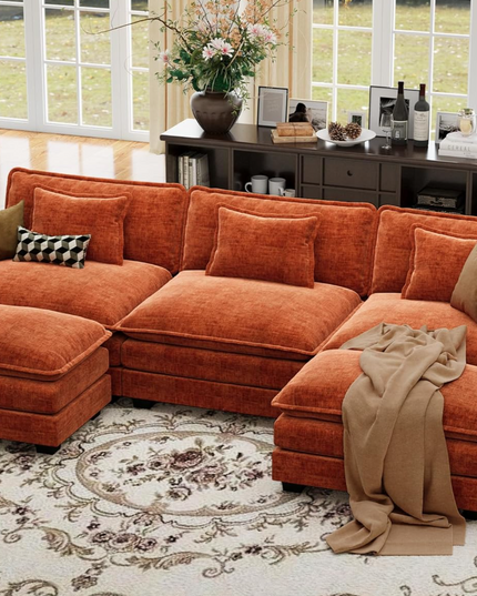 CDCASA 120" Oversized Modular Sectional Sofa, Comfy U-Shaped Cloud Couch w/ 2 Movable Ottoman, 5-Seater Chenille Deep Seat Modern Sofa Couch for Living Room, DIY Combination, Terracotta Orange LeafyLoom