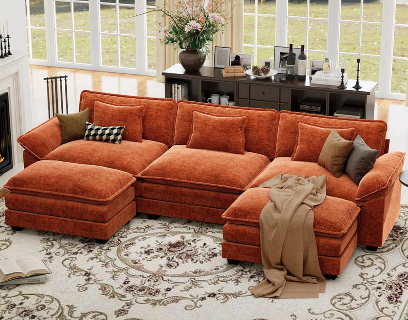 CDCASA 120" Oversized Modular Sectional Sofa, Comfy U-Shaped Cloud Couch w/ 2 Movable Ottoman, 5-Seater Chenille Deep Seat Modern Sofa Couch for Living Room, DIY Combination, Terracotta Orange LeafyLoom