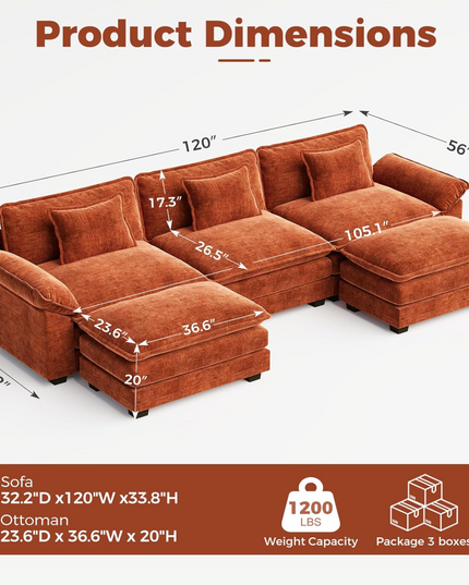 CDCASA 120" Oversized Modular Sectional Sofa, Comfy U-Shaped Cloud Couch w/ 2 Movable Ottoman, 5-Seater Chenille Deep Seat Modern Sofa Couch for Living Room, DIY Combination, Terracotta Orange LeafyLoom