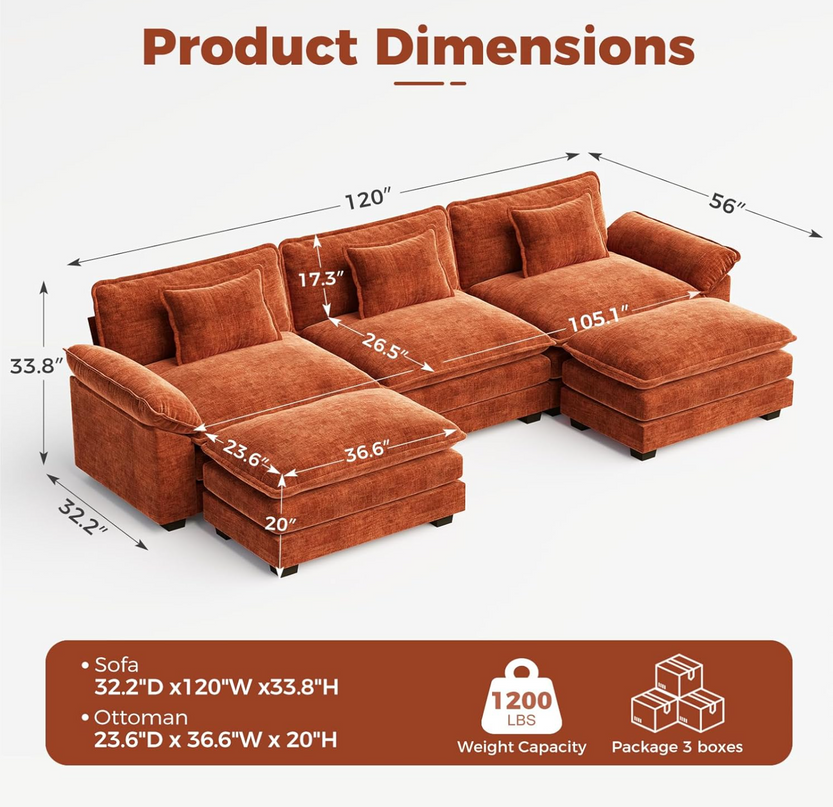 CDCASA 120" Oversized Modular Sectional Sofa, Comfy U-Shaped Cloud Couch w/ 2 Movable Ottoman, 5-Seater Chenille Deep Seat Modern Sofa Couch for Living Room, DIY Combination, Terracotta Orange LeafyLoom