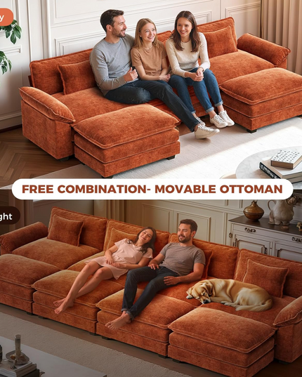 CDCASA 120" Oversized Modular Sectional Sofa, Comfy U-Shaped Cloud Couch w/ 2 Movable Ottoman, 5-Seater Chenille Deep Seat Modern Sofa Couch for Living Room, DIY Combination, Terracotta Orange LeafyLoom