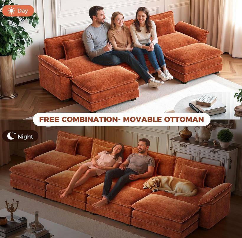 CDCASA 120" Oversized Modular Sectional Sofa, Comfy U-Shaped Cloud Couch w/ 2 Movable Ottoman, 5-Seater Chenille Deep Seat Modern Sofa Couch for Living Room, DIY Combination, Terracotta Orange LeafyLoom