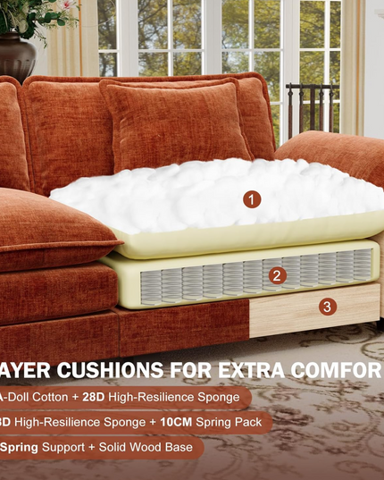 CDCASA 120" Oversized Modular Sectional Sofa, Comfy U-Shaped Cloud Couch w/ 2 Movable Ottoman, 5-Seater Chenille Deep Seat Modern Sofa Couch for Living Room, DIY Combination, Terracotta Orange LeafyLoom