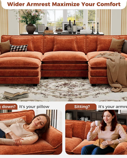 CDCASA 120" Oversized Modular Sectional Sofa, Comfy U-Shaped Cloud Couch w/ 2 Movable Ottoman, 5-Seater Chenille Deep Seat Modern Sofa Couch for Living Room, DIY Combination, Terracotta Orange LeafyLoom