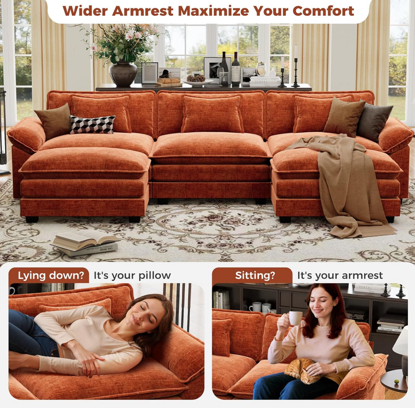 CDCASA 120" Oversized Modular Sectional Sofa, Comfy U-Shaped Cloud Couch w/ 2 Movable Ottoman, 5-Seater Chenille Deep Seat Modern Sofa Couch for Living Room, DIY Combination, Terracotta Orange LeafyLoom