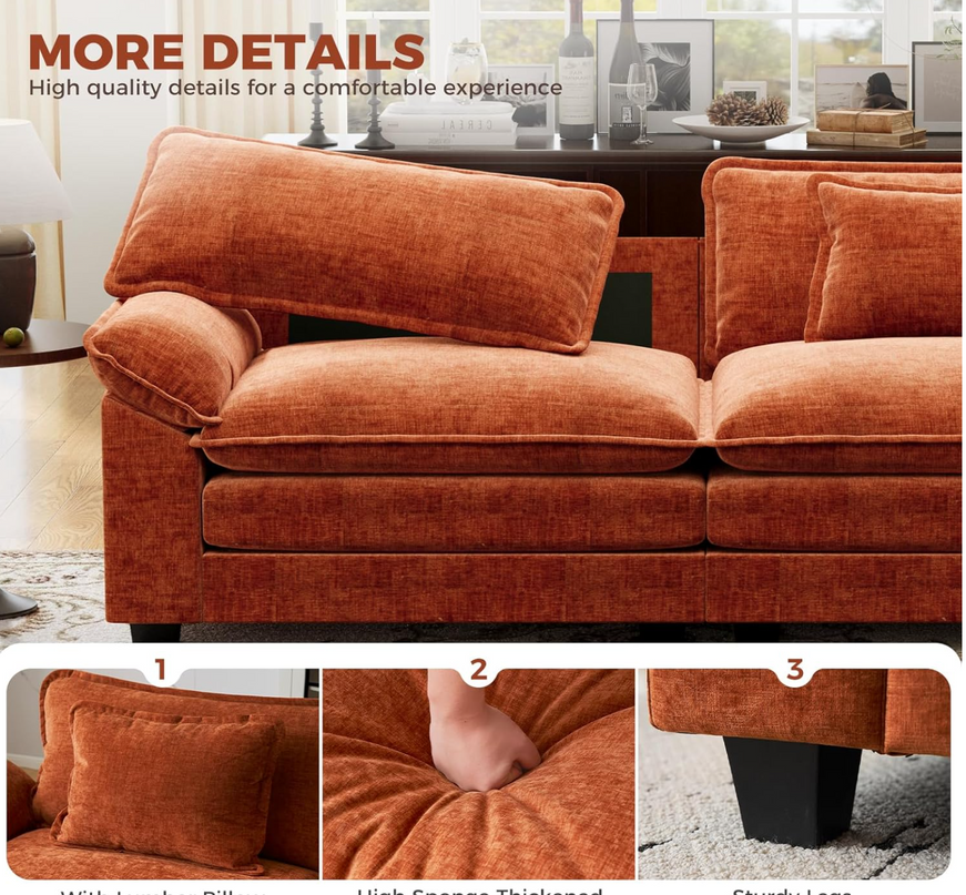 CDCASA 120" Oversized Modular Sectional Sofa, Comfy U-Shaped Cloud Couch w/ 2 Movable Ottoman, 5-Seater Chenille Deep Seat Modern Sofa Couch for Living Room, DIY Combination, Terracotta Orange LeafyLoom