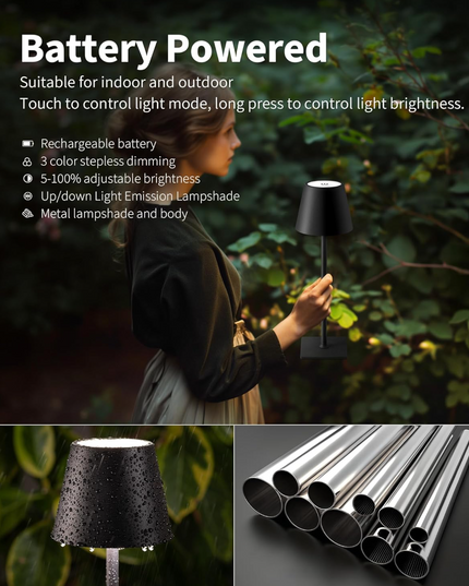 KDG Cordless Table Lamp, Portable LED Desk Lamp, 5000mAh Battery Operated, 3 Color Stepless Dimming Up, for Restaurant/Bedroom/Bars/Outdoor Party/Camping/Coffee Shop Atmosphere Night Light(Black) Nerefou