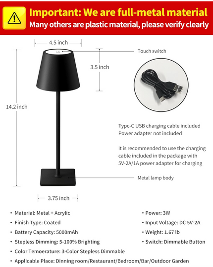 KDG Cordless Table Lamp, Portable LED Desk Lamp, 5000mAh Battery Operated, 3 Color Stepless Dimming Up, for Restaurant/Bedroom/Bars/Outdoor Party/Camping/Coffee Shop Atmosphere Night Light(Black) Nerefou