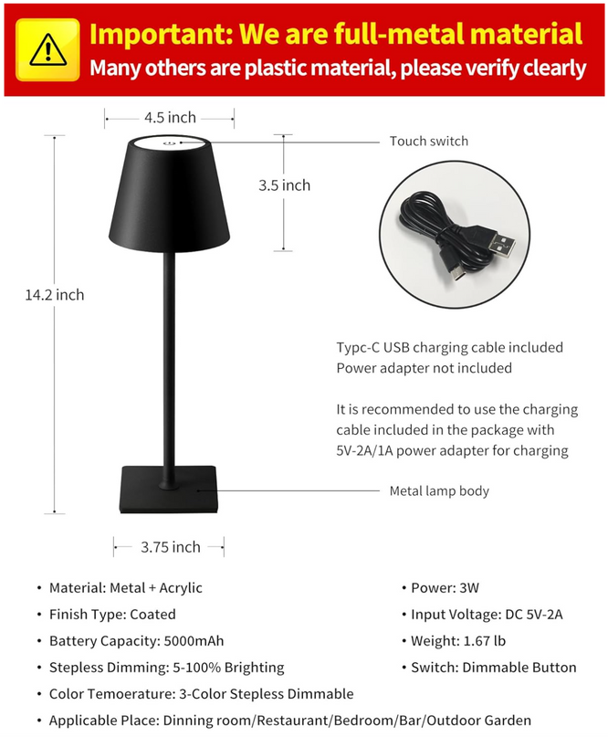KDG Cordless Table Lamp, Portable LED Desk Lamp, 5000mAh Battery Operated, 3 Color Stepless Dimming Up, for Restaurant/Bedroom/Bars/Outdoor Party/Camping/Coffee Shop Atmosphere Night Light(Black) Nerefou