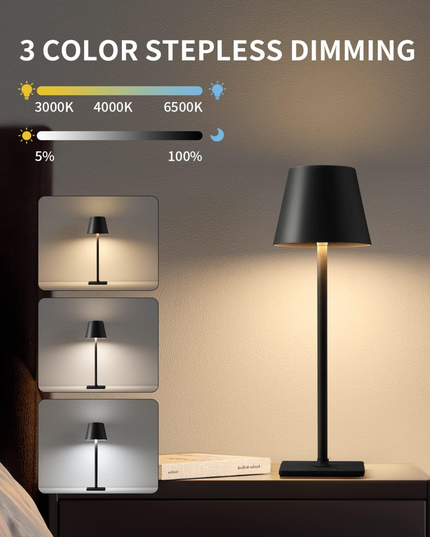KDG Cordless Table Lamp, Portable LED Desk Lamp, 5000mAh Battery Operated, 3 Color Stepless Dimming Up, for Restaurant/Bedroom/Bars/Outdoor Party/Camping/Coffee Shop Atmosphere Night Light(Black) Nerefou