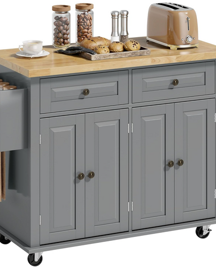 HOMCOM Kitchen Island Cart with Rubber Wood Top, Rolling Kitchen Island Table on Wheels with Drawers, Adjustable Shelves, Spice Rack and Towel Rack for Dining Room, Gray Shintenchi