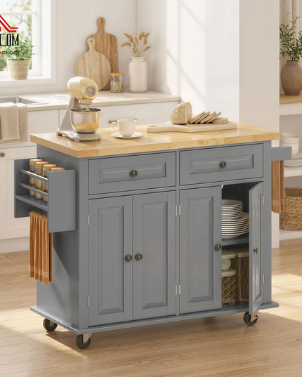 HOMCOM Kitchen Island Cart with Rubber Wood Top, Rolling Kitchen Island Table on Wheels with Drawers, Adjustable Shelves, Spice Rack and Towel Rack for Dining Room, Gray Shintenchi