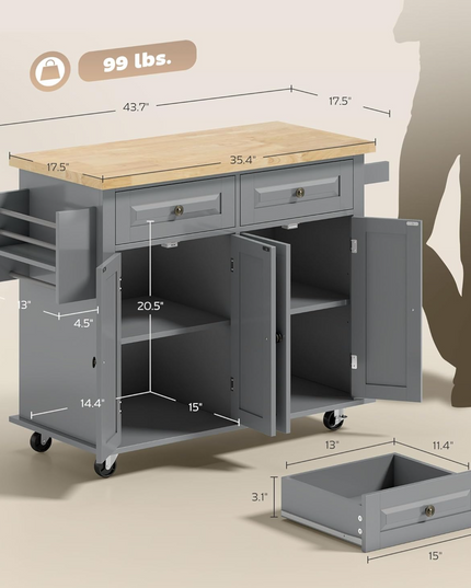 HOMCOM Kitchen Island Cart with Rubber Wood Top, Rolling Kitchen Island Table on Wheels with Drawers, Adjustable Shelves, Spice Rack and Towel Rack for Dining Room, Gray Shintenchi