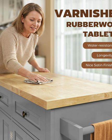 HOMCOM Kitchen Island Cart with Rubber Wood Top, Rolling Kitchen Island Table on Wheels with Drawers, Adjustable Shelves, Spice Rack and Towel Rack for Dining Room, Gray Shintenchi