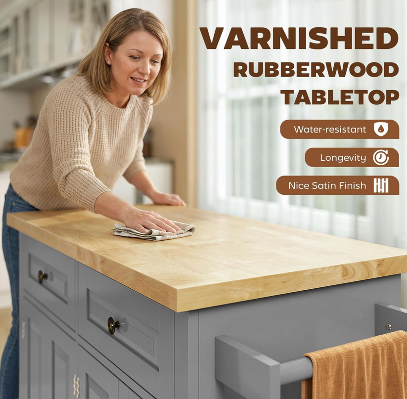 HOMCOM Kitchen Island Cart with Rubber Wood Top, Rolling Kitchen Island Table on Wheels with Drawers, Adjustable Shelves, Spice Rack and Towel Rack for Dining Room, Gray Shintenchi