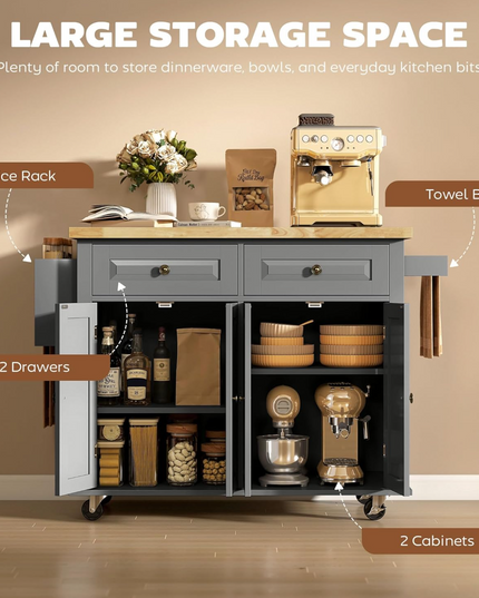 HOMCOM Kitchen Island Cart with Rubber Wood Top, Rolling Kitchen Island Table on Wheels with Drawers, Adjustable Shelves, Spice Rack and Towel Rack for Dining Room, Gray Shintenchi
