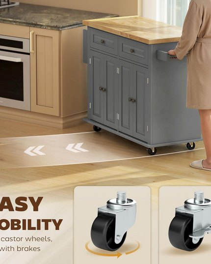 HOMCOM Kitchen Island Cart with Rubber Wood Top, Rolling Kitchen Island Table on Wheels with Drawers, Adjustable Shelves, Spice Rack and Towel Rack for Dining Room, Gray Shintenchi