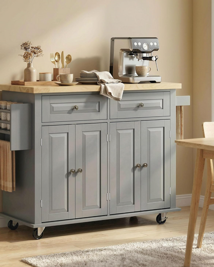 HOMCOM Kitchen Island Cart with Rubber Wood Top, Rolling Kitchen Island Table on Wheels with Drawers, Adjustable Shelves, Spice Rack and Towel Rack for Dining Room, Gray Shintenchi