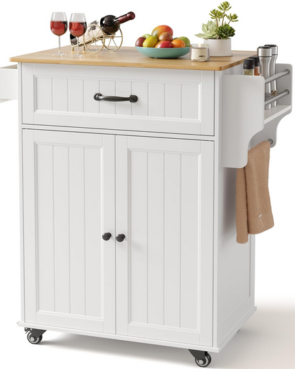 Gizoon Kitchen Island Cart with Adjustable Shelf, 33" W Mobile Trolley Cart on Metal Wheels with Drawer & Storage Cabinet, Spice Rack & Towel Rack, for Dining Room, Bar, White, Tabletop-Oak Color Gizoon