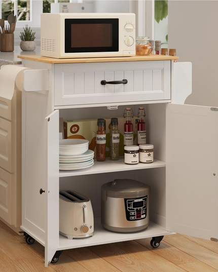 Gizoon Kitchen Island Cart with Adjustable Shelf, 33" W Mobile Trolley Cart on Metal Wheels with Drawer & Storage Cabinet, Spice Rack & Towel Rack, for Dining Room, Bar, White, Tabletop-Oak Color Gizoon