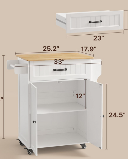 Gizoon Kitchen Island Cart with Adjustable Shelf, 33" W Mobile Trolley Cart on Metal Wheels with Drawer & Storage Cabinet, Spice Rack & Towel Rack, for Dining Room, Bar, White, Tabletop-Oak Color Gizoon