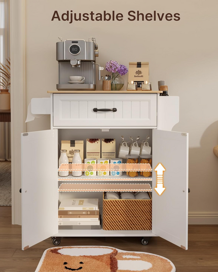 Gizoon Kitchen Island Cart with Adjustable Shelf, 33" W Mobile Trolley Cart on Metal Wheels with Drawer & Storage Cabinet, Spice Rack & Towel Rack, for Dining Room, Bar, White, Tabletop-Oak Color Gizoon